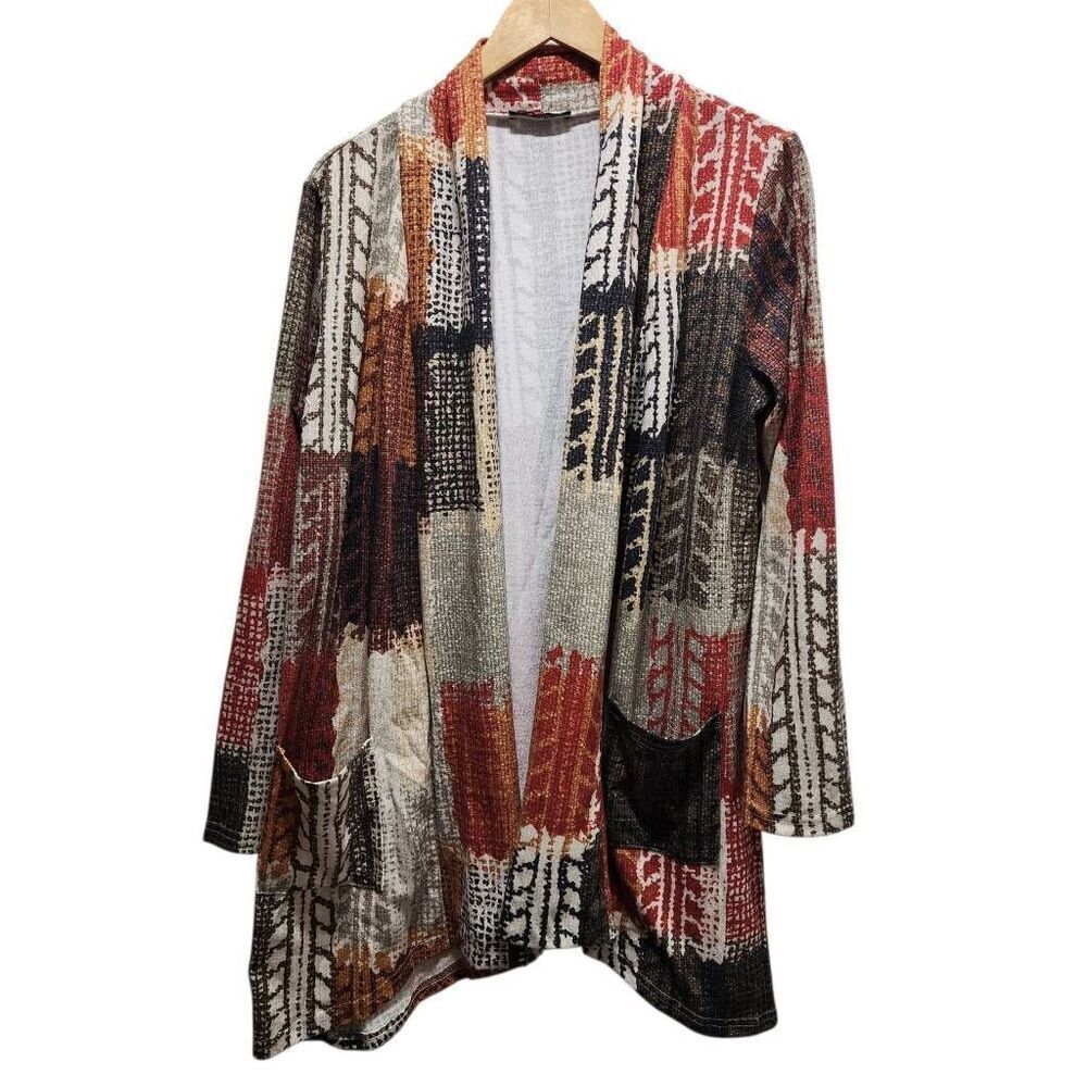 Lily by Firmiana open front cardigan knit colorblock patchwork XL pockets